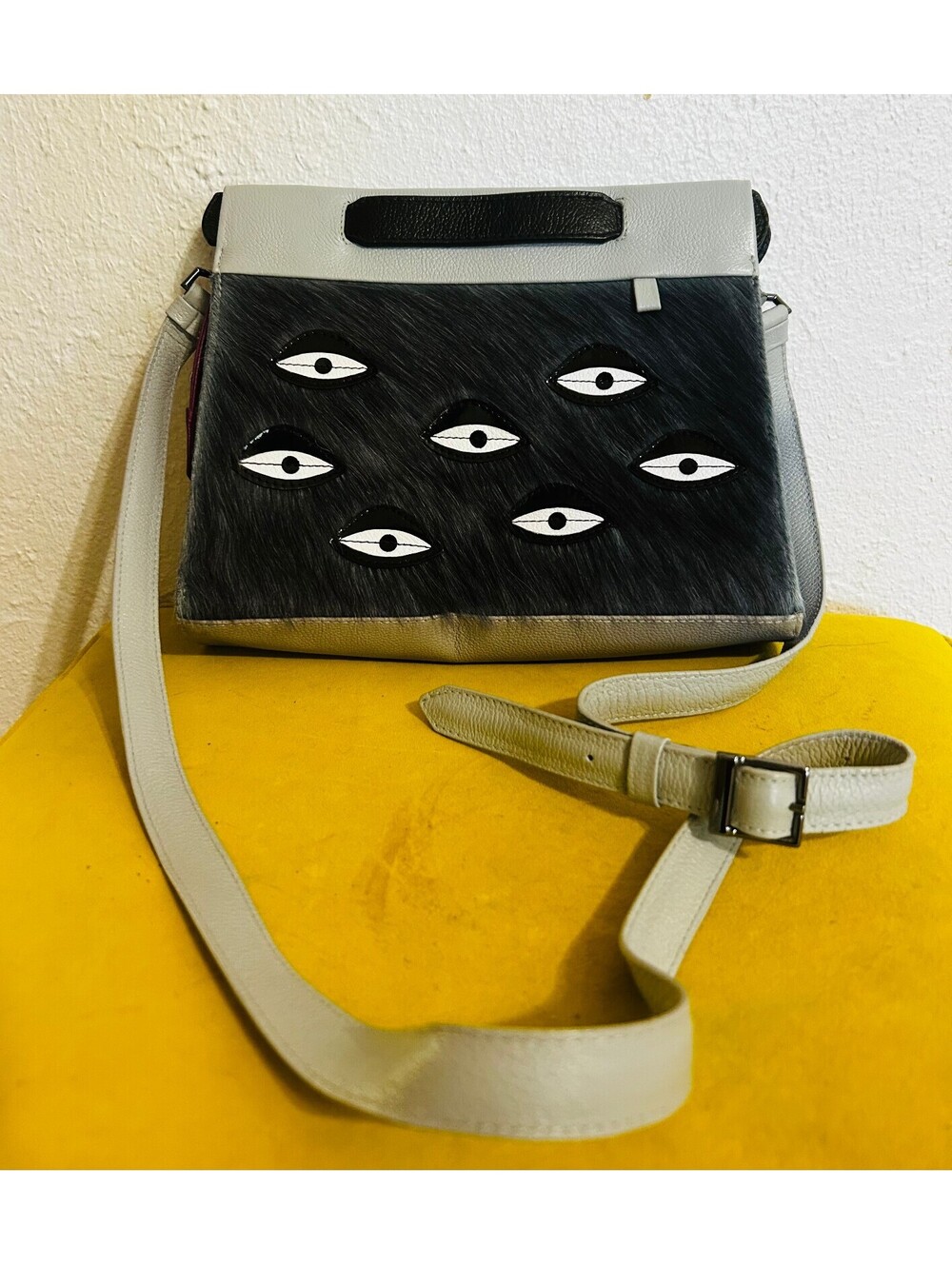Min & Mon Vali Crossbody Bag Grey Leather Calf Hair All Over Eyes Handbag Hand